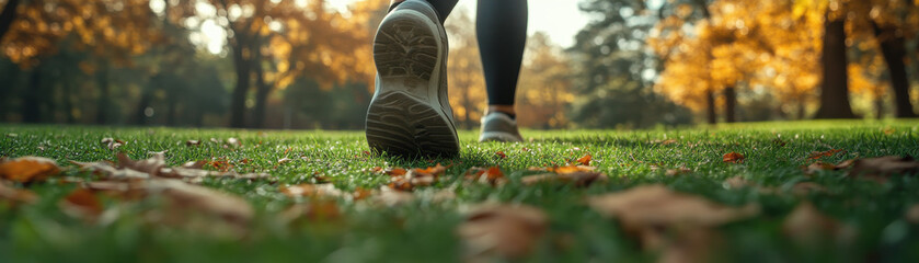 person walking outdoors on grassy field surrounded by autumn trees