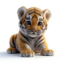 Fototapeta premium An adorable tiger cub, a tiny ball of fluff. Its expressive eyes and soft fur are captivating. Adorable Baby Tiger Cub Close up