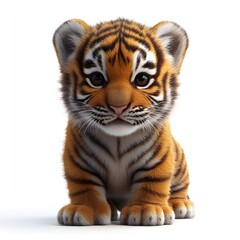 Obraz premium A charming image of a tiny tiger cub, isolated on a white backdrop. Its captivating gaze and fluffy fur make it irresistible. Adorable Baby Tiger Cub Close up