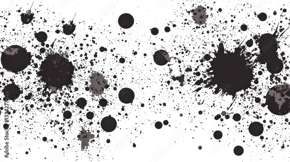 Poster a series of black ink splatters is spread across a white background, showcasing a mix of sizes and s