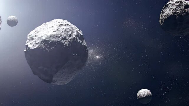 Large asteroid floating in deep space with distant stars shining in the background. Concept of cosmic exploration and potential threats