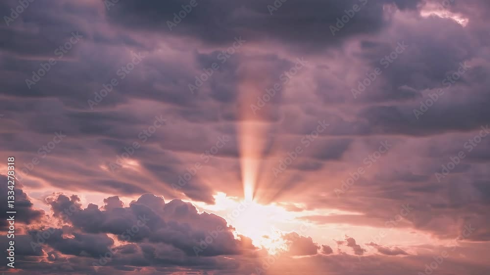 Poster sunset with sunbeams breaking through clouds in pink sky. serene evening concept