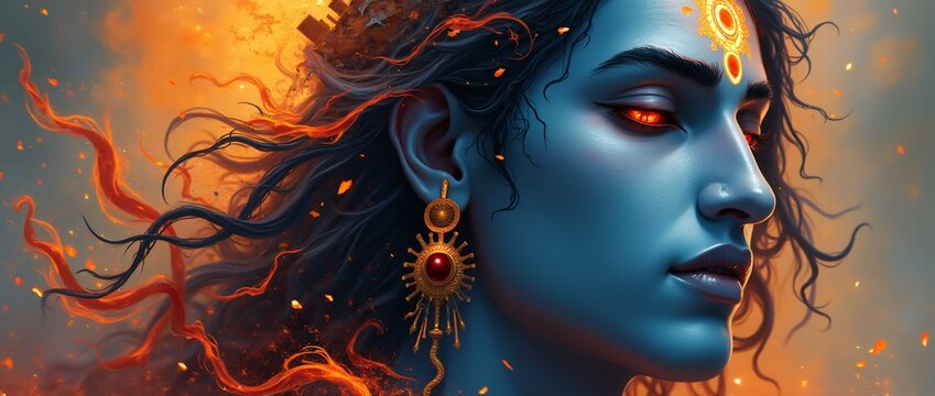 Abstract image of Shiva as a destroyer and creator a crescent moon on the head, a third eye and a snake around the neck