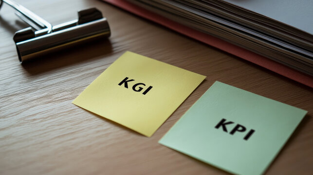 The words "KGI" and "KPI" are written on sticky notes with a clipboard in a diagonal angle.

