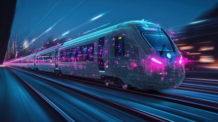 Naklejka premium Futuristic high-speed train speeding through city at night.