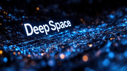 A blue and white image of a city with the word Deep Space written in white