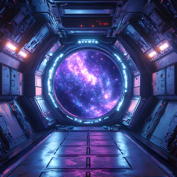 A futuristic spaceship corridor with a glowing circular portal revealing a mesmerizing purple galaxy