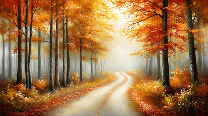 Obraz premium Autumnal forest path winding through colorful trees, misty morning light; ideal for fall, nature, tranquility themes