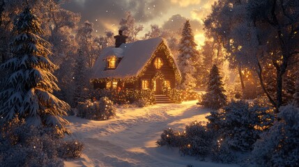 Cozy snow-covered cabin at sunset with warm lights.