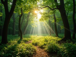 Obraz premium Sun rays shining through a lush green forest during the summer solstice, creating a peaceful and serene atmosphere with dappled light on the ground.