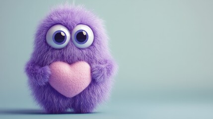 Fototapeta premium A cute purple monster made of wool with big eyes, a pink heart-shaped belly, a simple background