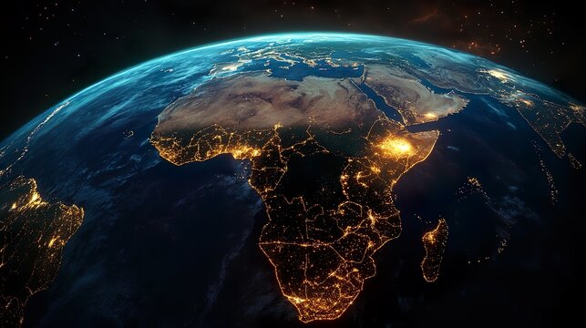 Futuristic view of Africa from space with glowing city lights