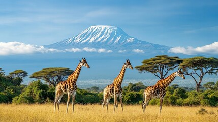 Fototapeta na wymiar Three giraffes in the African savanna with Mount Kilimanjaro in the background