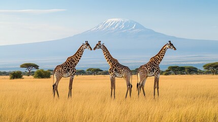 Fototapeta premium Three giraffes in the African savanna with Mount Kilimanjaro in the background