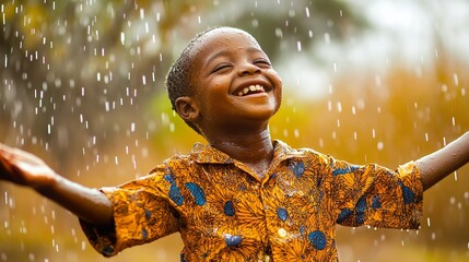 Joyful African boy playing in the rain with arms wide open