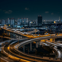 Obraz premium Night cityscape Elevated highway interchange with city skyline. Busy traffic flows through complex road system. Used for travel, infrastructure, and city life concepts