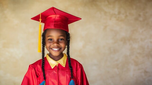 L&auml;chelnder afroamerikanischer Absolvent in roter Graduierungsrobe und Hut vor neutralem Hintergrund
