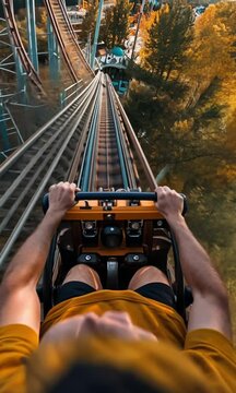 First-person view of a rollercoaster plummeting down a steep track, filled with excitement.