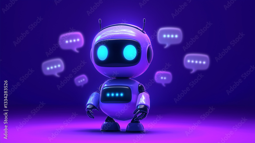 Poster Cute robot chatting with speech bubbles, exploring artificial intelligence
