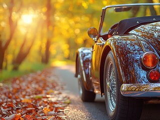 A classic convertible car parked on a scenic autumn road