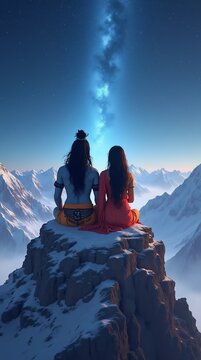 Lord Shiva and Goddess Parvati sitting together on top of Kailash. Himalayan snows and starry sky surround them