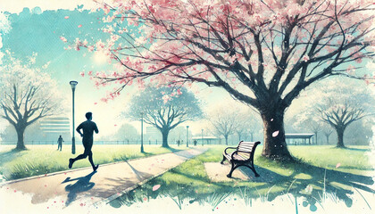 春の公園で、ジョギングする人。