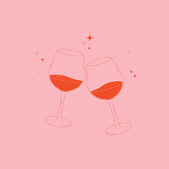 Minimalist line art of two clinking wine glasses a pink background. A stylish and festive illustration perfect for celebrations, invitations, and social events.