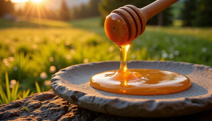 Dripping Irish honey with a dipper, suitable for food, nature, and wellness websites.