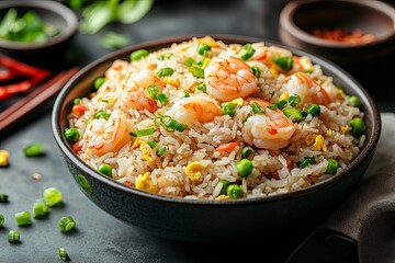 A bowl of delicious fried rice with tasty shrimp pieces
