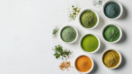Color Palette of Wellness: A captivating composition of colorful powders, delicately arranged in small bowls, invites you into a world of health and vitality.