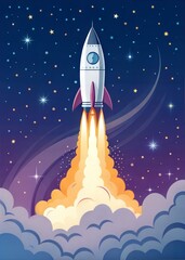 Fototapeta premium Rocket launching through colorful clouds into space, vibrant illustration, copy space