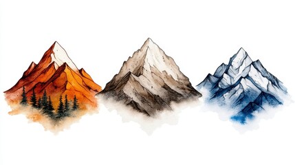 Three Watercolor Mountain Illustrations Autumn, Winter, Spring
