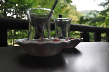 Empty Turkish tea glasses on table