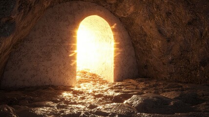 Soft-focus 3D render of an empty tomb with glowing light shining from within, symbolizing resurrection, hope, and new beginnings, perfect for Easter or spiritual themes.
