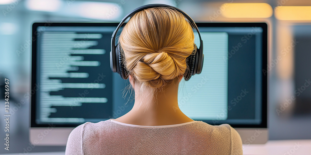 Aufkleber Computer programmer working with headphones and coding on desktop computer screen