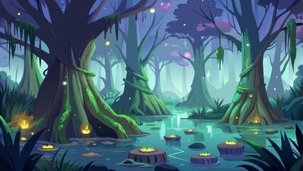 mystical swamp shrouded in mist, with ancient cypress trees, fireflies glowing above the water, and the croaking of frogs echoing. © koushkij