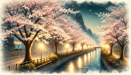 ライトアップされた 川沿いの桜並木