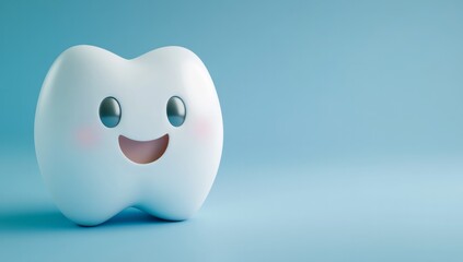 A cute, smiling tooth character on a light blue background.