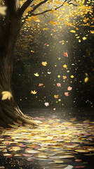 Autumn leaves falling around ancient tree, magical forest background, perfect for phone wallpaper or seasonal greeting card