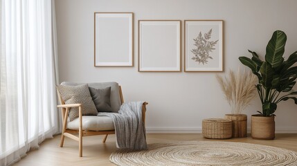 Cozy corner with natural elements.  A relaxing space featuring a wooden armchair, soft textiles, and framed artwork, all against a minimalist backdrop.  Warm and inviting
