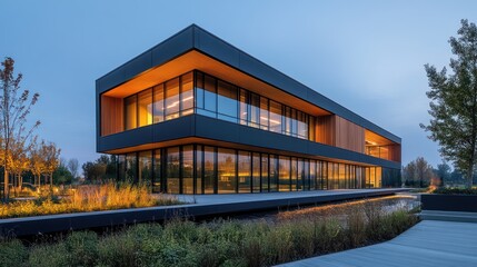 Obraz premium Modern office building at dusk, illuminated windows, landscaping.