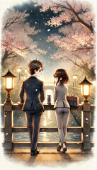 ライトアップされた夜桜を楽しむ男女