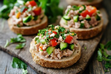 Tuna sandwiches made with whole grain bread, fresh vegetables, and herbs, elegantly arranged on a rustic wooden surface.