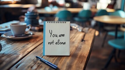Comforting message on notepad: You are not alone with coffee ambiance