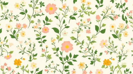 Floral pattern, cream background,  delicate flowers,  seamless design,  digital art, print, fabric,  wallpaper