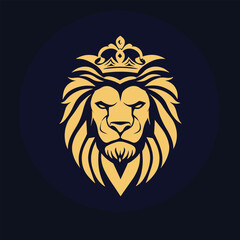Vector logo of a lion's head with a crown on a shield, in gold color on a dark blue background