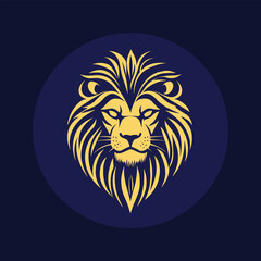 Obraz premium Vector logo of a lion's head with a crown on a shield, in gold color on a dark blue background