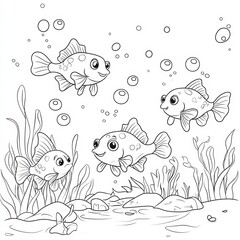 Undersea Friends: Charming aquatic scene showcasing a school of whimsical fish swimming gracefully amid underwater plants, evoking feelings of joy and tranquility.