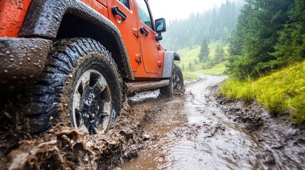 Orange SUV driving through muddy puddle on trail.