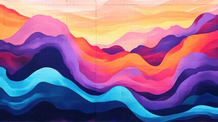 Obraz premium Vibrant Abstract Mural with Colorful Waves and Mountain Scenery